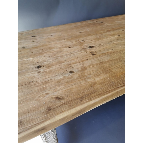 431 - 19th C. painted pine kitchen table on square legs and double stretcher {75 cm H x 188 cm L x 95 cm W... 