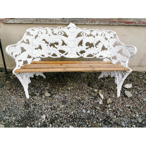 446A - 19th C. decorative fern cast iron garden bench with wooden slats {82 cm H x 150 cm W x 55 cm D}.