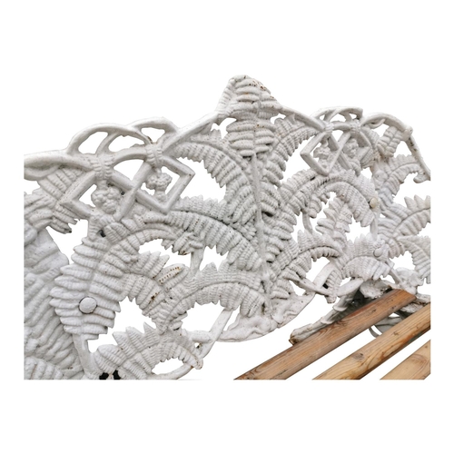 446B - 19th C. decorative fern cast iron garden bench with wooden slats {82 cm H x 112 cm W x 52 cm D}.
