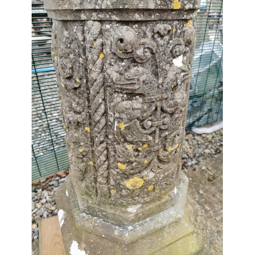 479 - Good quality Edwardian carved stone sundial with original slate dial {120 cm H x 45 cm W x 45 cm D}.
