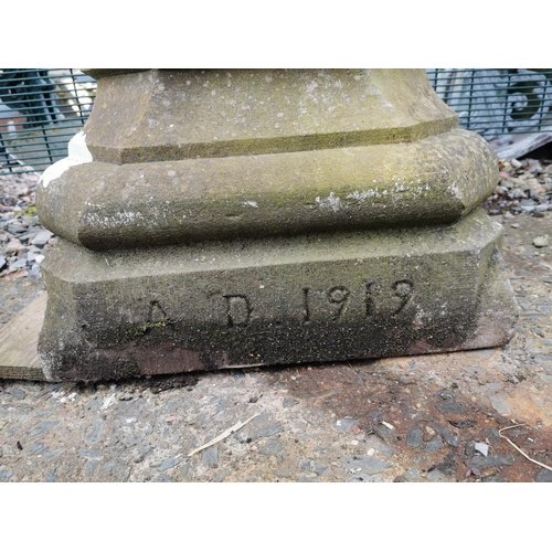 479 - Good quality Edwardian carved stone sundial with original slate dial {120 cm H x 45 cm W x 45 cm D}.