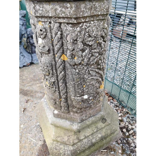 479 - Good quality Edwardian carved stone sundial with original slate dial {120 cm H x 45 cm W x 45 cm D}.