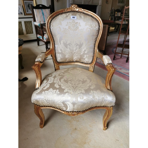 481 - Giltwood upholstered open armchair. { 94cm H X 62cm W X 51cm D }.