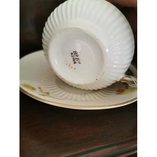 484 - Shelf 1 & 2: Pair of late 19th. C. cups and saucers and matching sugar bowl decorated with floral pa... 