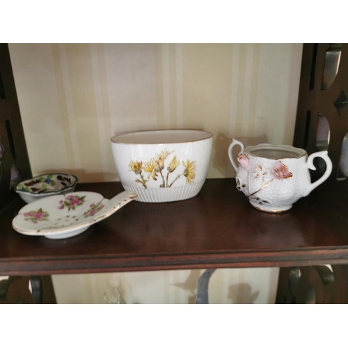 484 - Shelf 1 & 2: Pair of late 19th. C. cups and saucers and matching sugar bowl decorated with floral pa... 