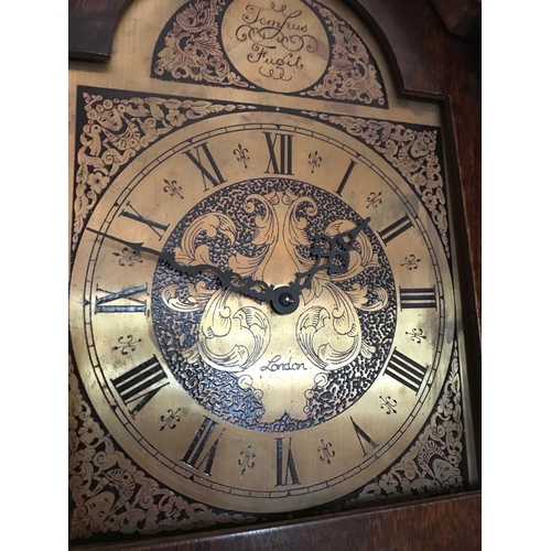485A - Good quality mahogany Grandfather clock with etched brass dial and single glazed door London {191 cm... 