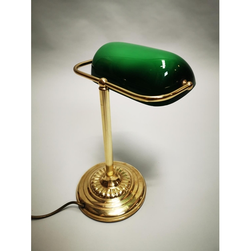 494 - Brass bankers desk lamp with green glass shade {35 cm H x 26 cm W x 26 cm D}.