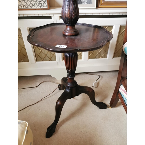495 - Mahogany standard lamp  with reeded column and three outawept legs on claw and ball feet, with origi... 