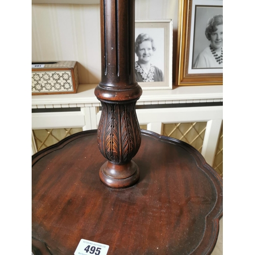 495 - Mahogany standard lamp  with reeded column and three outawept legs on claw and ball feet, with origi... 