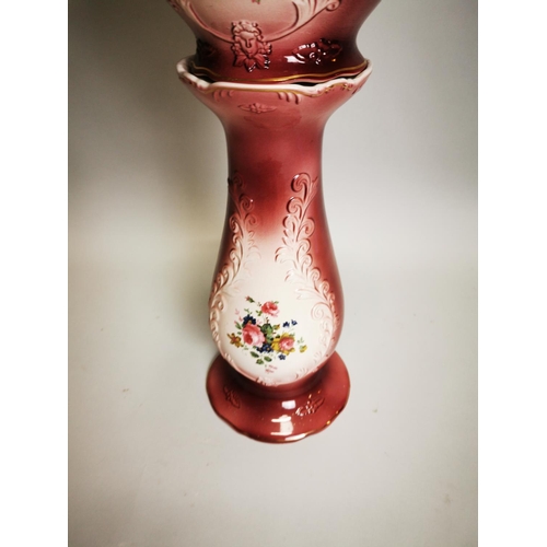 64 - Decorative ceramic jardinière on stand {64 cm H x 28 cm Dia.}.