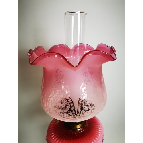 69 - Victorian brass Corinthian column table lamp with pink glass bowl and ruby etched tulip shade {78 cm... 
