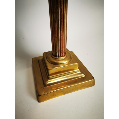 69 - Victorian brass Corinthian column table lamp with pink glass bowl and ruby etched tulip shade {78 cm... 