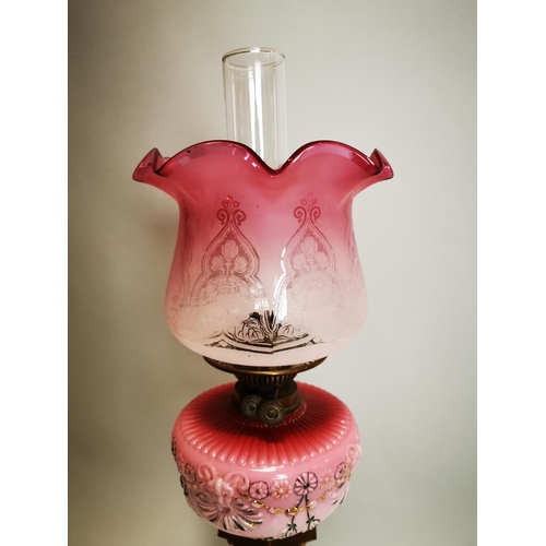 69 - Victorian brass Corinthian column table lamp with pink glass bowl and ruby etched tulip shade {78 cm... 