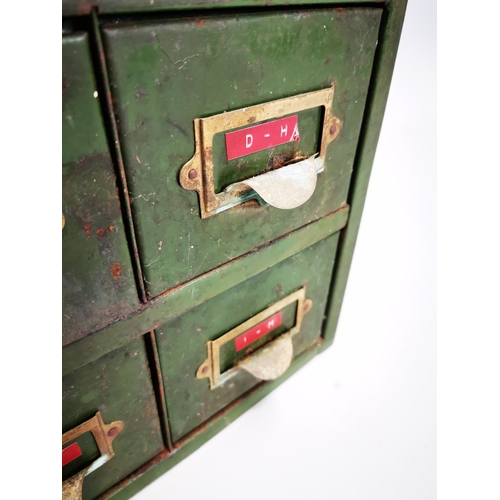 90 - 1940s metal industrial bank of four drawers {29 cm H x 24 cm W x 36 cm D}.