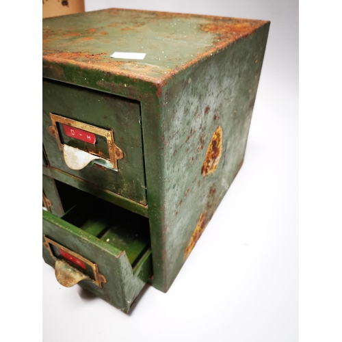 90 - 1940s metal industrial bank of four drawers {29 cm H x 24 cm W x 36 cm D}.