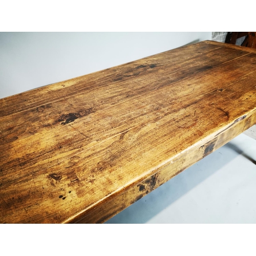 97 - 19th C. elm farmhouse kitchen table on square tapered legs {81 cm H x 214 cm L x 78 cm W}.