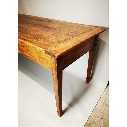 97 - 19th C. elm farmhouse kitchen table on square tapered legs {81 cm H x 214 cm L x 78 cm W}.
