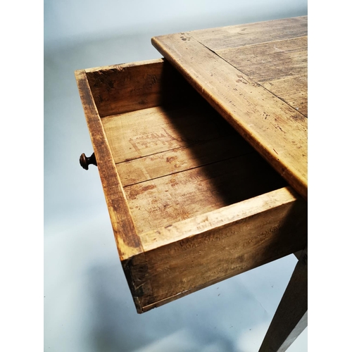 97 - 19th C. elm farmhouse kitchen table on square tapered legs {81 cm H x 214 cm L x 78 cm W}.