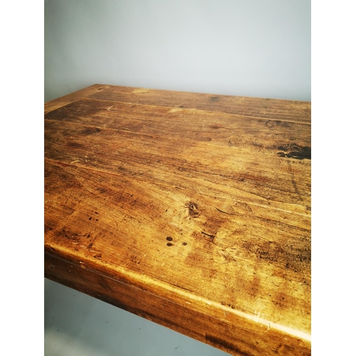 97 - 19th C. elm farmhouse kitchen table on square tapered legs {81 cm H x 214 cm L x 78 cm W}.