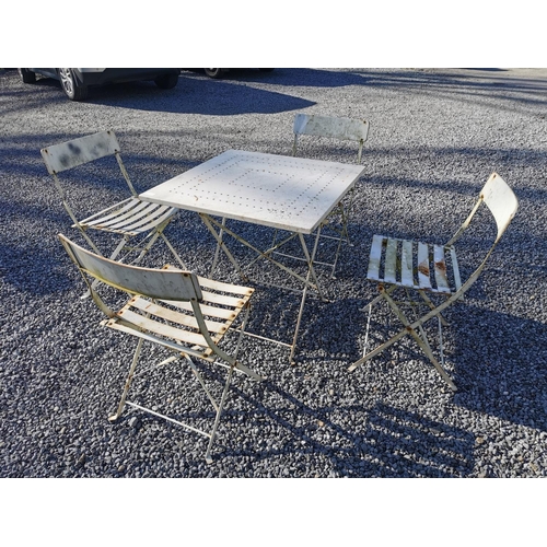 436 - Metal garden table and four chairs {table is 71 cm H x 70 cm W x 70 cm D and chair is 78 cm H}.