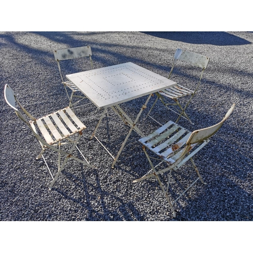 436 - Metal garden table and four chairs {table is 71 cm H x 70 cm W x 70 cm D and chair is 78 cm H}.