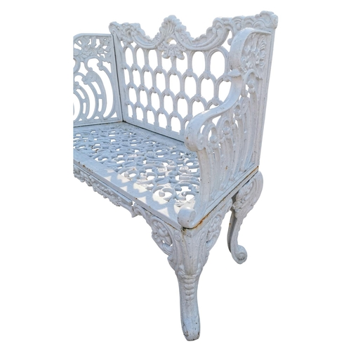 437 - Decorative cast iron two seater garden bench {88 cm H x 107 cm W x 47 cm D}.