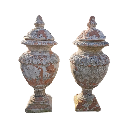 460 - Pair of glazed terracotta lidded urns in the Adam's style {82 cm H x 35 cm Dia.}.