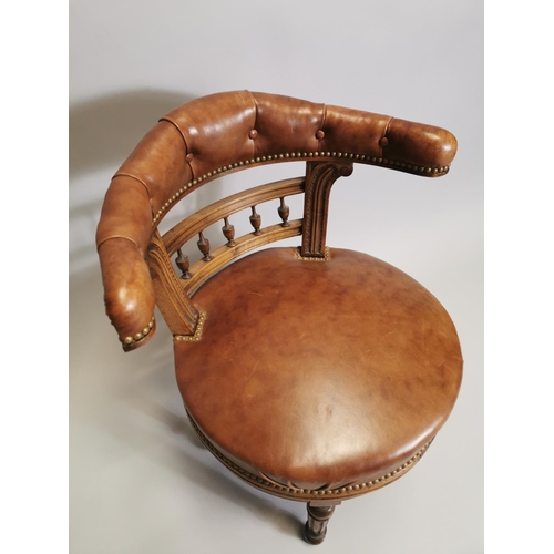 103 - 19th. C. leather upholstered mahogany desk chair , raised on turned and reeded legs. { 79cm H X 60cm... 