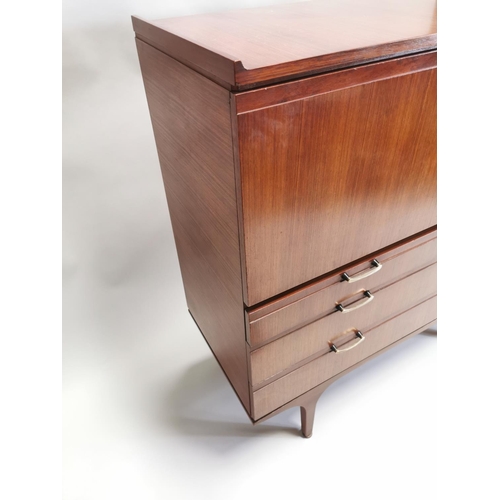 108 - Teak cocktail cabinet, the fall front above two short drawers and two long drawers raised on tapered... 