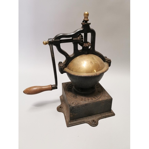 15 - Early 20th C. brass and cast iron coffee grinder { 47cm H X 40cm W X 23cm D }.