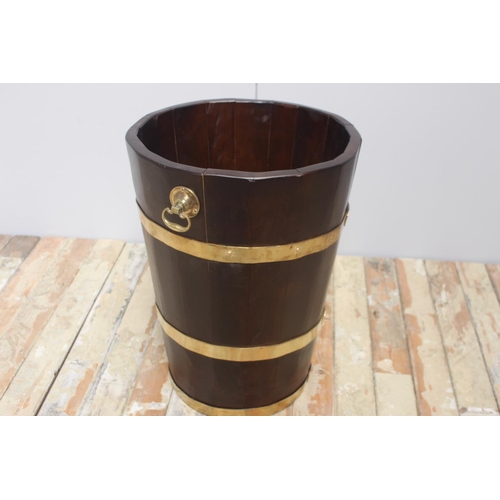 23 - Brass bound chestnut wood peat bucket { 60cm H X 46cm Dia }.