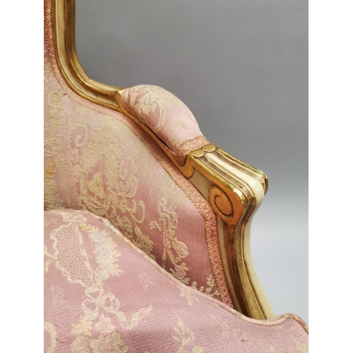 4 - 19th. C. upholstered giltwood armchair raised on Queen Ann style legs { 94cm H X 124cm W X 57cm D }.