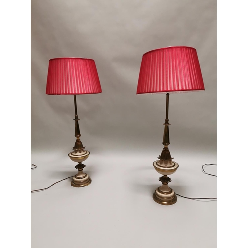 6 - Good quality pair of brass and painted metal table lamps {104 cm H}.