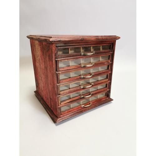 65 - Painted pine bank of six specimen drawers { 39cm H X 38cm Sq. }