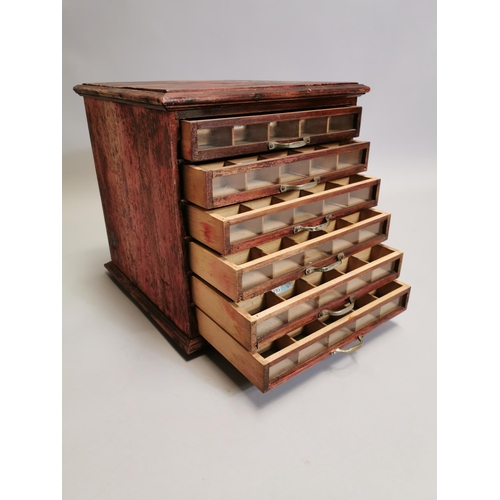 65 - Painted pine bank of six specimen drawers { 39cm H X 38cm Sq. }