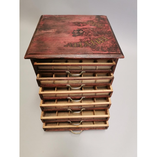 65 - Painted pine bank of six specimen drawers { 39cm H X 38cm Sq. }