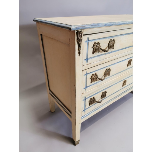 68 - Painted pine chest with three long drawers decorated with brass mounts,  raised on tapered legs { 83... 