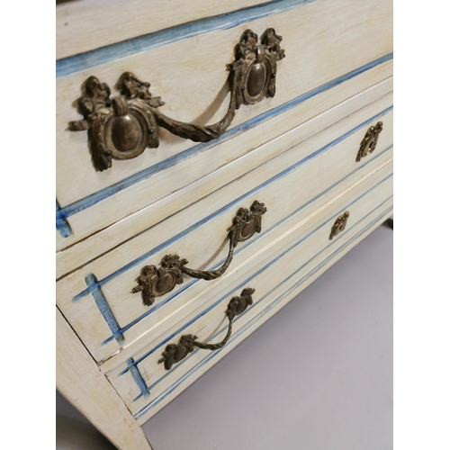 68 - Painted pine chest with three long drawers decorated with brass mounts,  raised on tapered legs { 83... 