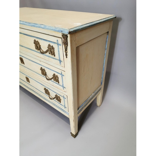 68 - Painted pine chest with three long drawers decorated with brass mounts,  raised on tapered legs { 83... 