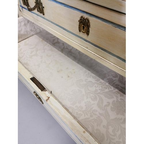 68 - Painted pine chest with three long drawers decorated with brass mounts,  raised on tapered legs { 83... 