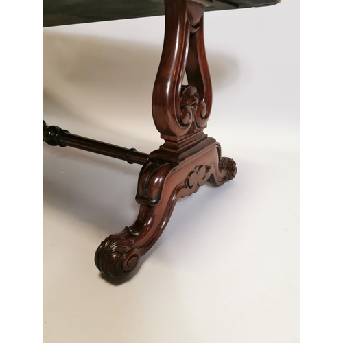 78 - William IV upholstered mahogany centre stool raised on shaped supports and single turned stretcher. ... 
