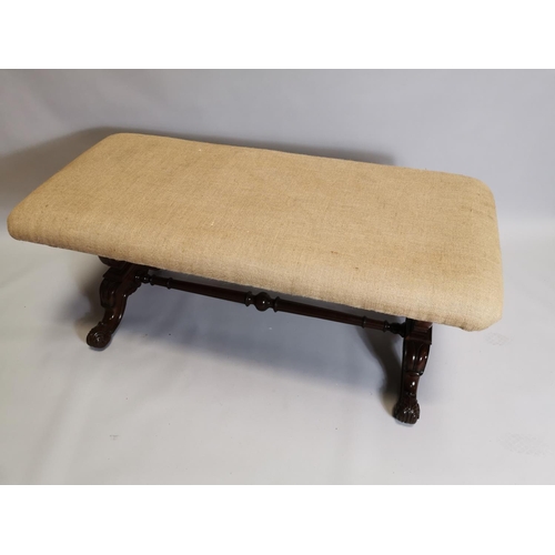 78 - William IV upholstered mahogany centre stool raised on shaped supports and single turned stretcher. ... 
