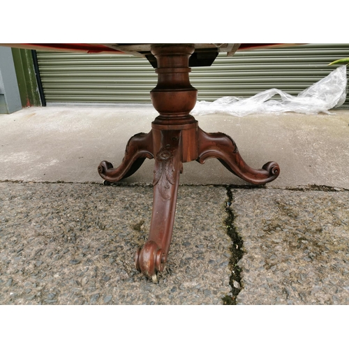 79 - Mahogany centre table raised on turned column and three out swept legs { 73cm H X 166 cm Dia }.