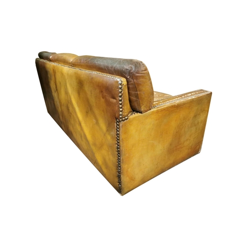 85 - Good quality three seater leather upholstered sofa { 85cm H X 204cm W X 91cm D }.