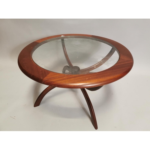 99 - Retro teak coffee table with inset glazed plate. { 44cm H X 78cm Dia }.