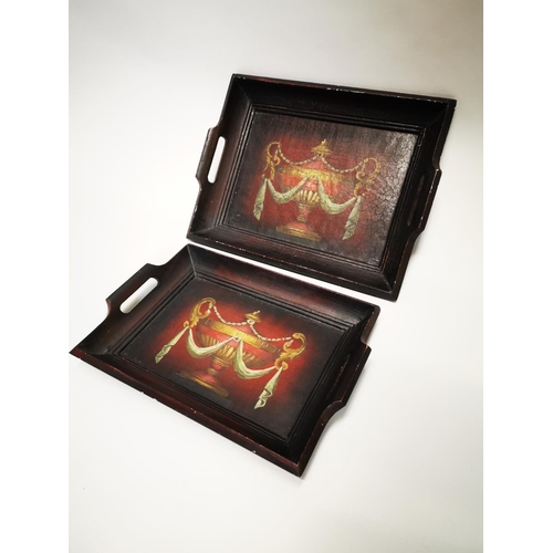 25 - Two hand painted wooden serving trays decorated with urns. {48 cm H x 36 cm W} and {43 cm H x 30 cm ... 