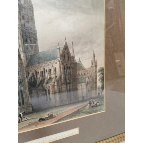 37 - 19th C. framed coloured print of Salisbury Cathedral {88 cm H x 74 cm W}.