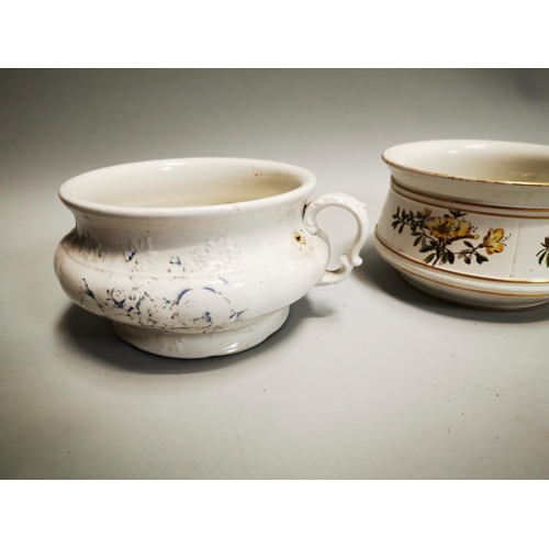 9 - Two early 20th C. ceramic chamber pots  { 14 cm H x 23 cm Diam approx.}.