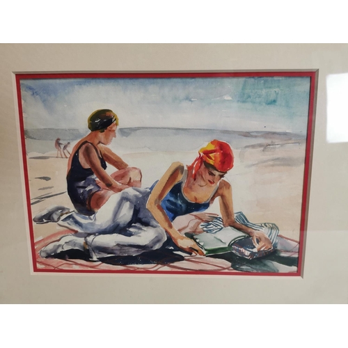 91 - Framed watercolour of a Seaside Scene. {50 cm H x 57 cm W}.