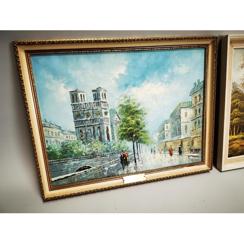 92 - Two framed oil on canvas -Woodland Scene and City Scene. {54 cm H x 69 cm L}